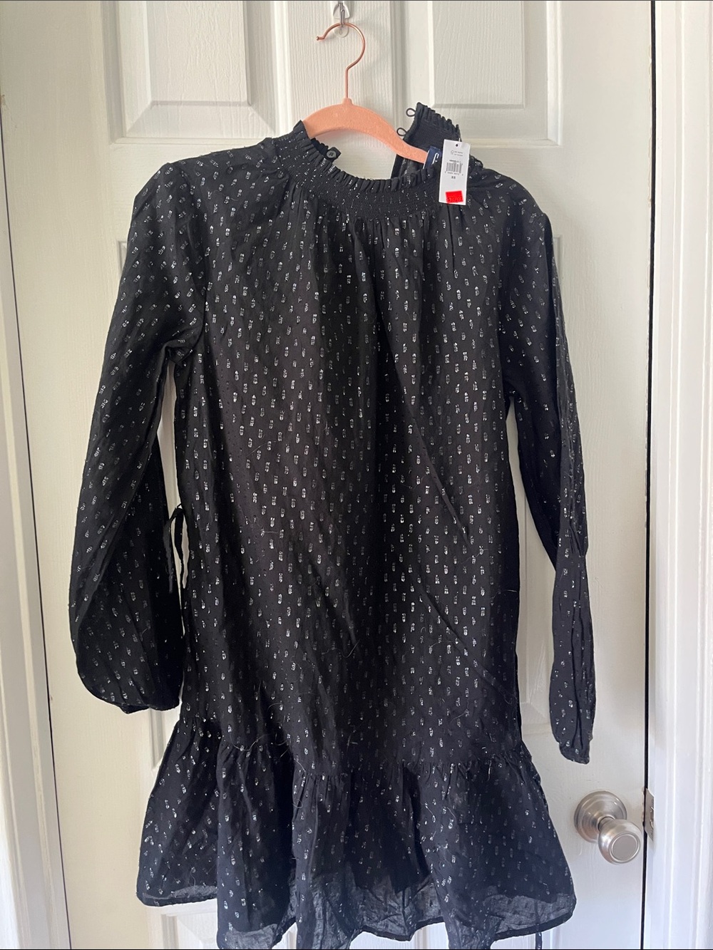 GAP Black Long Sleeve Ruffle Hem Dress with Tiny White Dot Print